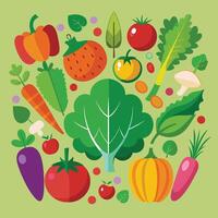 vegetables and fruits in a flat design on a green background vector