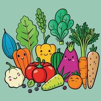a group of vegetables with faces and eyes vector