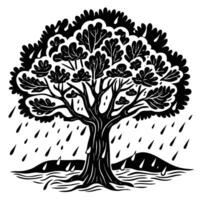 a black and white illustration of a tree with rain vector