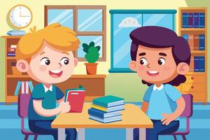 two boys sitting at a table with books vector
