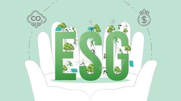 ESG sustainability policy in hand. Carbon credit calculate from reduce carbon footprint and carbon dioxide to carbon offset. ESG in Hand. vector
