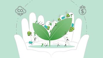 ESG sustainability policy in hand. Carbon credit calculate from reduce carbon footprint and carbon dioxide to carbon offset. Seeding in Hand. vector