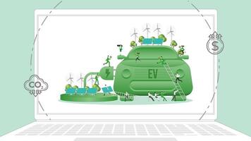 ESG business policy Electric power Vehicle in laptop. Carbon credit calculate from reduce carbon footprint and carbon dioxide to net zero goal in 2050. vector