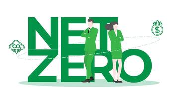 Environmental Goals in a Sustainable Business Environment with Confident Businessman and Businesswoman standing pose with Net Zero. vector