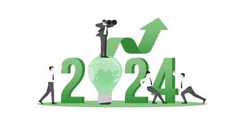 Vision businessman uses binoculars on 2024 and the world light bulb with a team vector