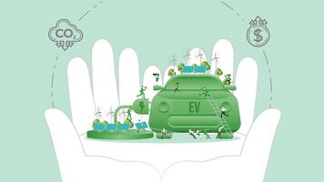 ESG policy Electric Vehicle in hands. Carbon credit calculate from reduce carbon footprint and carbon dioxide to Net Zero Goal in 2050. vector
