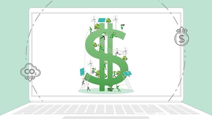 ESG sustainability business policy. Carbon credit calculate from reduce carbon footprint and carbon dioxide to carbon offset. Laptop computer notebook with Dollar profit on desktop.