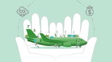 ESG sustainability policy in hand. Carbon credit calculate from reduce carbon footprint and carbon dioxide to carbon offset. Plane in Hand. vector