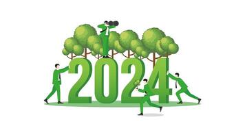 Vision businessman uses binoculars on 2024 and tree forest with a team vector