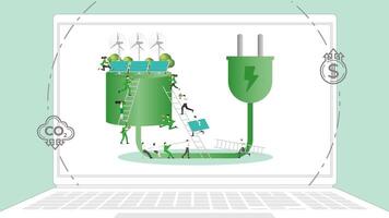 ESG sustainability business policy. Carbon credit calculate from reduce carbon footprint and carbon dioxide to carbon offset. Laptop computer notebook with green electricity on desktop. vector