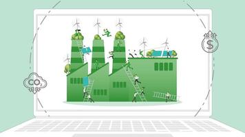 ESG sustainability business policy. Carbon credit calculate from reduce carbon footprint and carbon dioxide to carbon offset. Laptop computer notebook with green factory on desktop. vector