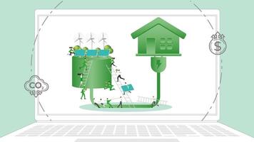 ESG business policy Renewable energy house in laptop. Carbon credit calculate from reduce carbon footprint and carbon dioxide to net zero goal in 2050. vector