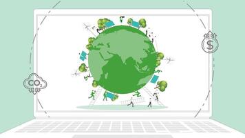 ESG sustainability business policy. Carbon credit calculate from reduce carbon footprint and carbon dioxide to carbon offset. Laptop computer notebook with Earth on desktop. vector