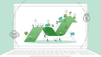 ESG sustainability business policy. Carbon credit calculate from reduce carbon footprint and carbon dioxide to carbon offset. Laptop computer notebook with green graph on desktop. vector
