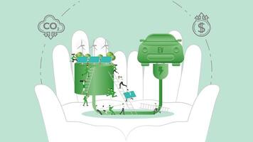 ESG policy Electric Vehicle in hands. Carbon credit calculate from reduce carbon footprint and carbon dioxide to Net Zero Goal in 2050. vector