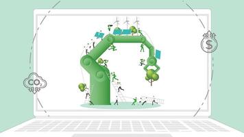 ESG sustainability business policy. Carbon credit calculate from reduce carbon footprint and carbon dioxide to carbon offset. Laptop computer notebook with green industry on desktop. vector
