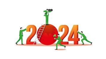 A visionary man uses binoculars on 2024 and a red earth with teamwork. vector