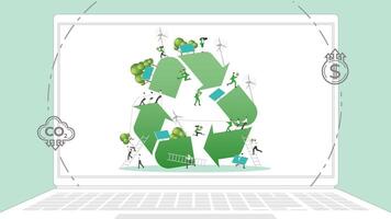 ESG sustainability business policy. Carbon credit calculate from reduce carbon footprint and carbon dioxide to carbon offset. Laptop computer notebook with Recycle symbol on desktop. vector