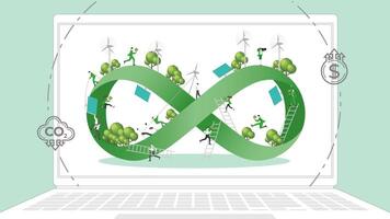 ESG sustainability business policy. Carbon credit calculate from reduce carbon footprint and carbon dioxide to carbon offset. Laptop computer notebook with infinity symbol on desktop. vector