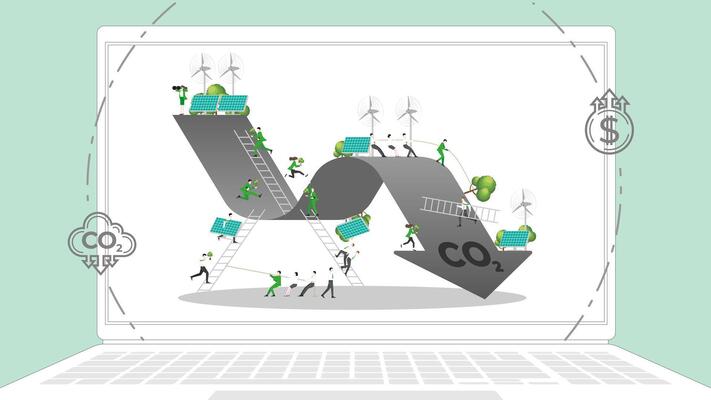 ESG sustainability business policy. Carbon credit calculate from reduce carbon footprint and carbon dioxide to carbon offset. Laptop computer notebook with CO2 graph on desktop.