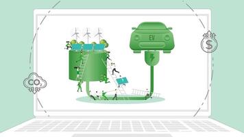 ESG business policy Electric power Vehicle in laptop. Carbon credit calculate from reduce carbon footprint and carbon dioxide to net zero goal in 2050. vector