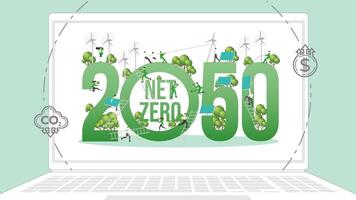 ESG business policy in laptop. Carbon credit calculate from reduce carbon footprint and carbon dioxide to net zero goal in 2050. vector