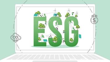 ESG sustainability business policy. Carbon credit calculate from reduce carbon footprint and carbon dioxide to carbon offset. Laptop computer notebook with ESG on desktop. vector