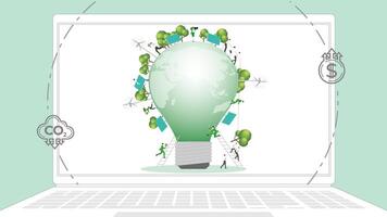 ESG sustainability business policy. Carbon credit calculate from reduce carbon footprint and carbon dioxide to carbon offset. Laptop computer notebook with Light bulb on desktop. vector