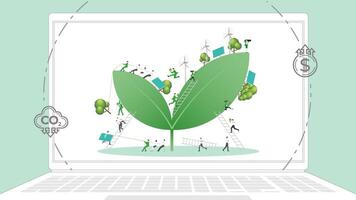 ESG sustainability business policy. Carbon credit calculate from reduce carbon footprint and carbon dioxide to carbon offset. Laptop computer notebook with Plant seeding on desktop. vector
