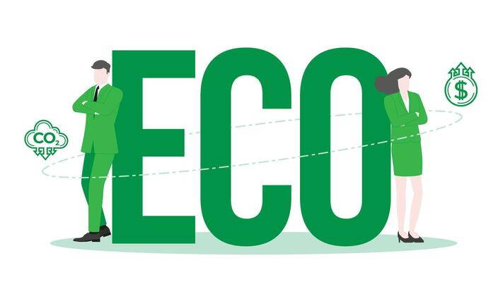 Achieving Environmental Goals in a Sustainable Business Environment with Confident Businessman and Businesswoman standing pose with ECO.