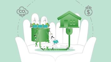 ESG policy electric power house in hands. Carbon credit calculate from reduce carbon footprint and carbon dioxide to Net Zero Goal in 2050. vector
