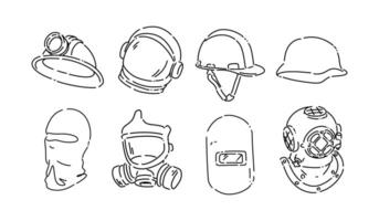 Set collection line drawing of helmet and mask. Miner, astronaut, safety, army, balaclava, gas mask, welding, and old diving helmet. Graphic illustration. vector