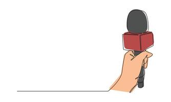Continuous one line drawing of hand holding news microphone. Editable line. Isolated background. Graphic illustration. vector