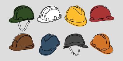 Set continuous one line drawing of safety helmet Different color. Graphic illustration. vector