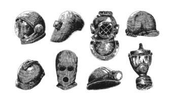 Set collection hand drawn engraving style of helmet and mask. Astronaut, welding, scuba diving, army, balaclava, miner helmet, and gas mask. Graphic illustration. vector