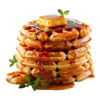 Delicious Stack of Waffles with Maple Syrup and Butter png