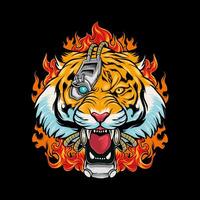 colored illustration of a machine tiger on a fire background vector