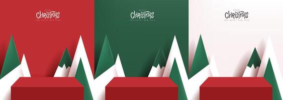 Merry Christmas banner with product display table and Artificial Christmas Trees backdrop vector