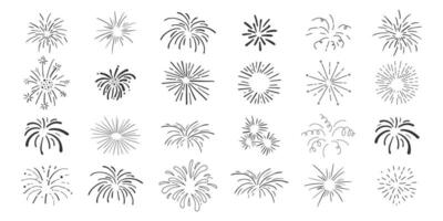 Set fireworks doodle line explosion radial sparkler with rays, hand drawn firecrackers simple and round decoration isolated on white background. vector