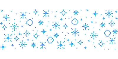 Pixel snow retro 8 bit sparkle border seamless frame. Shiny game pixel art effect set. Firework burst, space decoration. 90s aesthetics, y2k vector