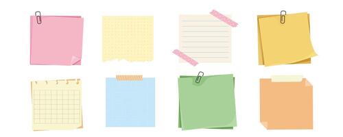 Memo notes, paper for note with clip, postit. Planner notebook page. Idea list. Post note sticker. Quote frame, reminder. vector