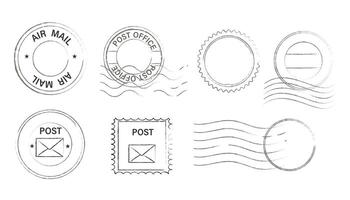 Postal stamps, seal and postmarks sign set. Empty mail delivery template. Paper mark symbol of correspondence, post, airmail. Wavy lines vector