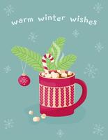 Warm winter wishes. Greeting card with image of cocoa with marshmallows. vector