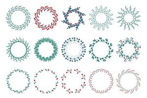 Set of wreaths on a white background. Set of round frames made of stylized twigs and flowers. vector