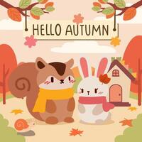 Cute Squirrel and Rabbit with Scarves in a Cozy Fall Setting. A squirrel and bunny, both wearing cozy scarves, surrounded by a beautiful fall setting with colorful leaves, trees, and a little house. vector