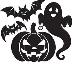 A Halloween pumpkin, bat and ghost icon designed for various companies. The design is eerie, haunting, and perfect for logos, posters, t-shirts, and other graphic projects vector