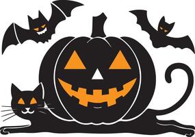 A Halloween creepy pumpkin and two bats with cat icon designed for various companies, showcasing a creepy, eerie, and haunting design. Ideal for logos, posters, t-shirts, and other graphic projects vector