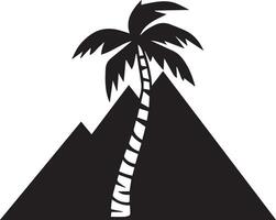A minimalist black silhouette icon featuring a mountain range with a single tree. The mountain should have sharp, jagged peaks, with clean, bold lines to convey strength and majesty vector