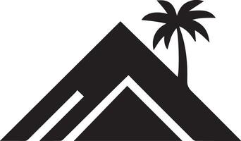 A minimalist black silhouette icon featuring a mountain range with a single tree. The mountain should have sharp, jagged peaks, with clean, bold lines to convey strength and majesty vector