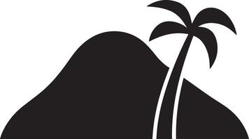 A minimalist black silhouette icon featuring a mountain range with a single tree. The mountain should have sharp, jagged peaks, with clean, bold lines to convey strength and majesty vector